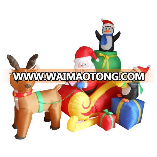 6 Foot yard decoration long christmas sleigh with reindeer and penguins outdoor inflatable decoration santa