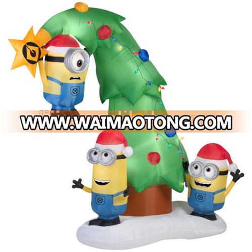 Outdoor decoration three happy minions hanging inflatable christmas tree